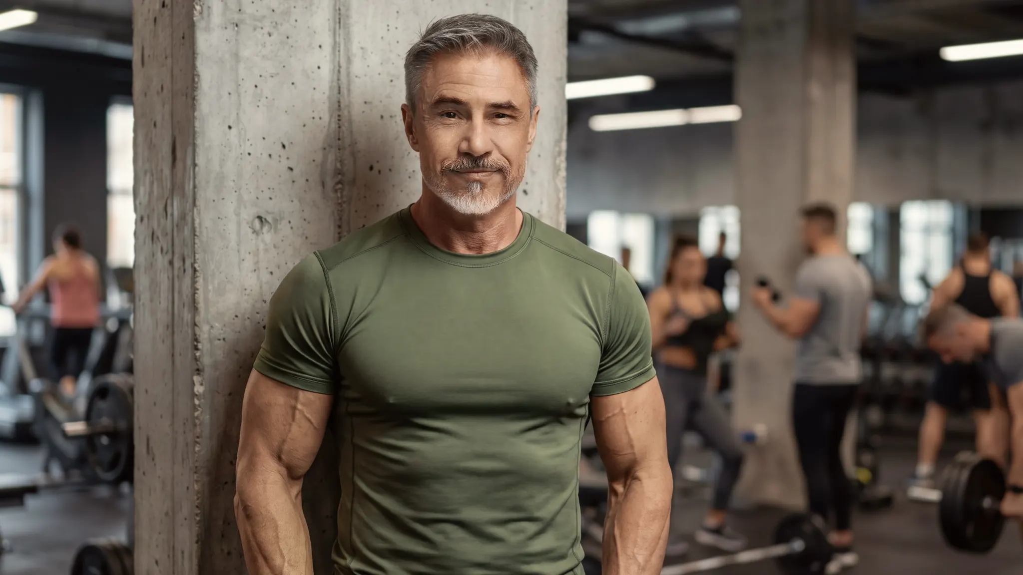 Confident middle-aged man in a green shirt at the gym