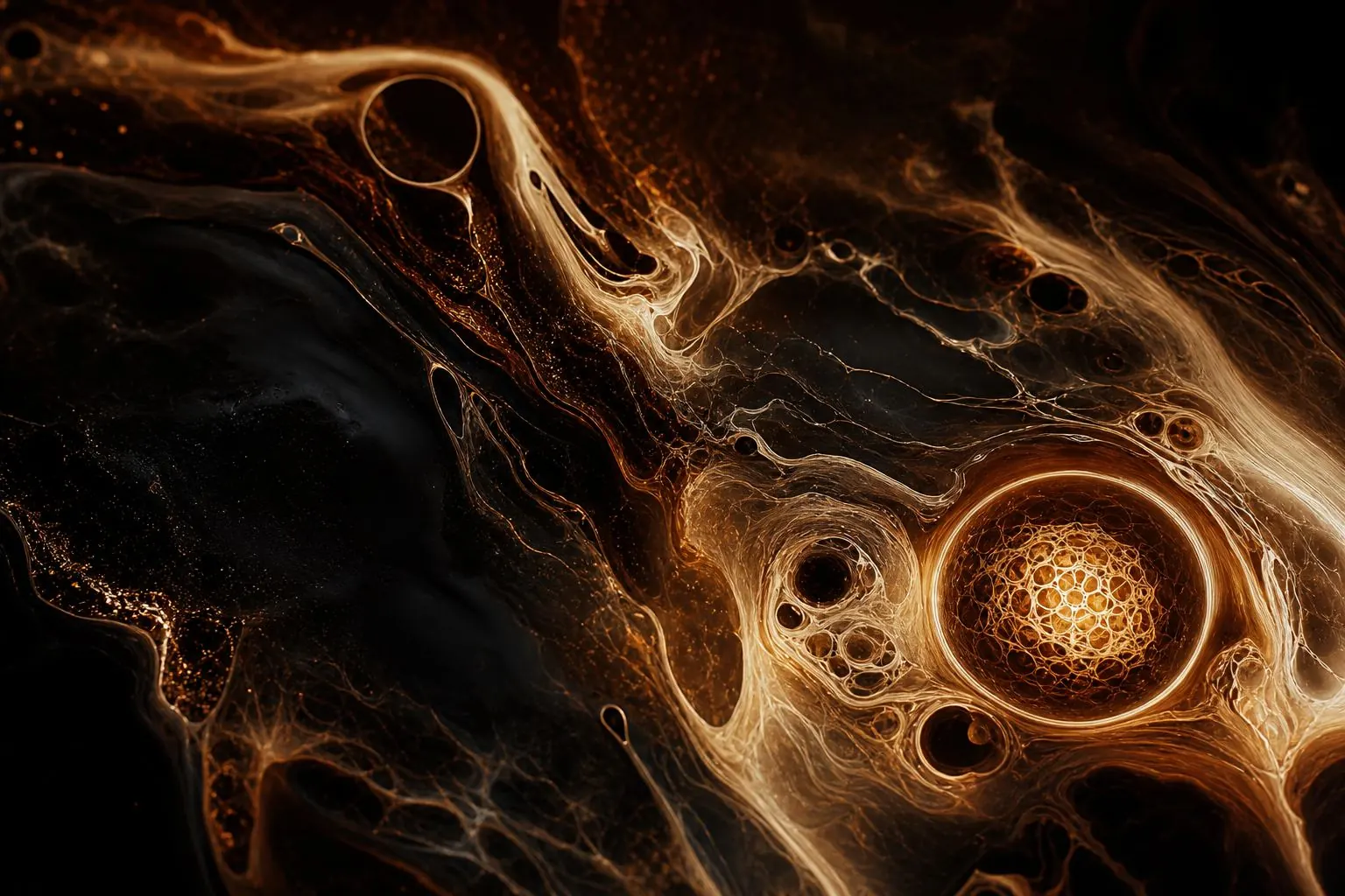 Abstract copper and ink fluid patterns suggesting cellular science