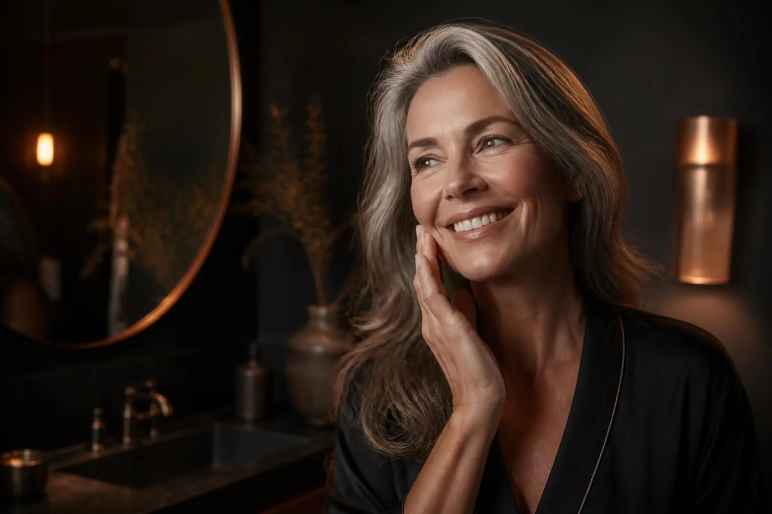 Anti-Aging — a woman smiling at her reflection, skin lit warm