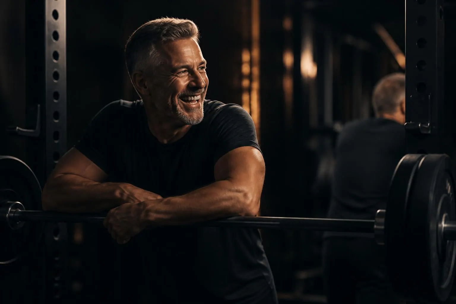 Testosterone Therapy — a man leaning on a loaded barbell, smiling mid-session