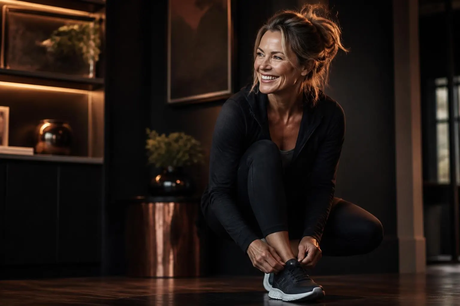 Weight Loss — a woman lacing her trainers at home before a workout